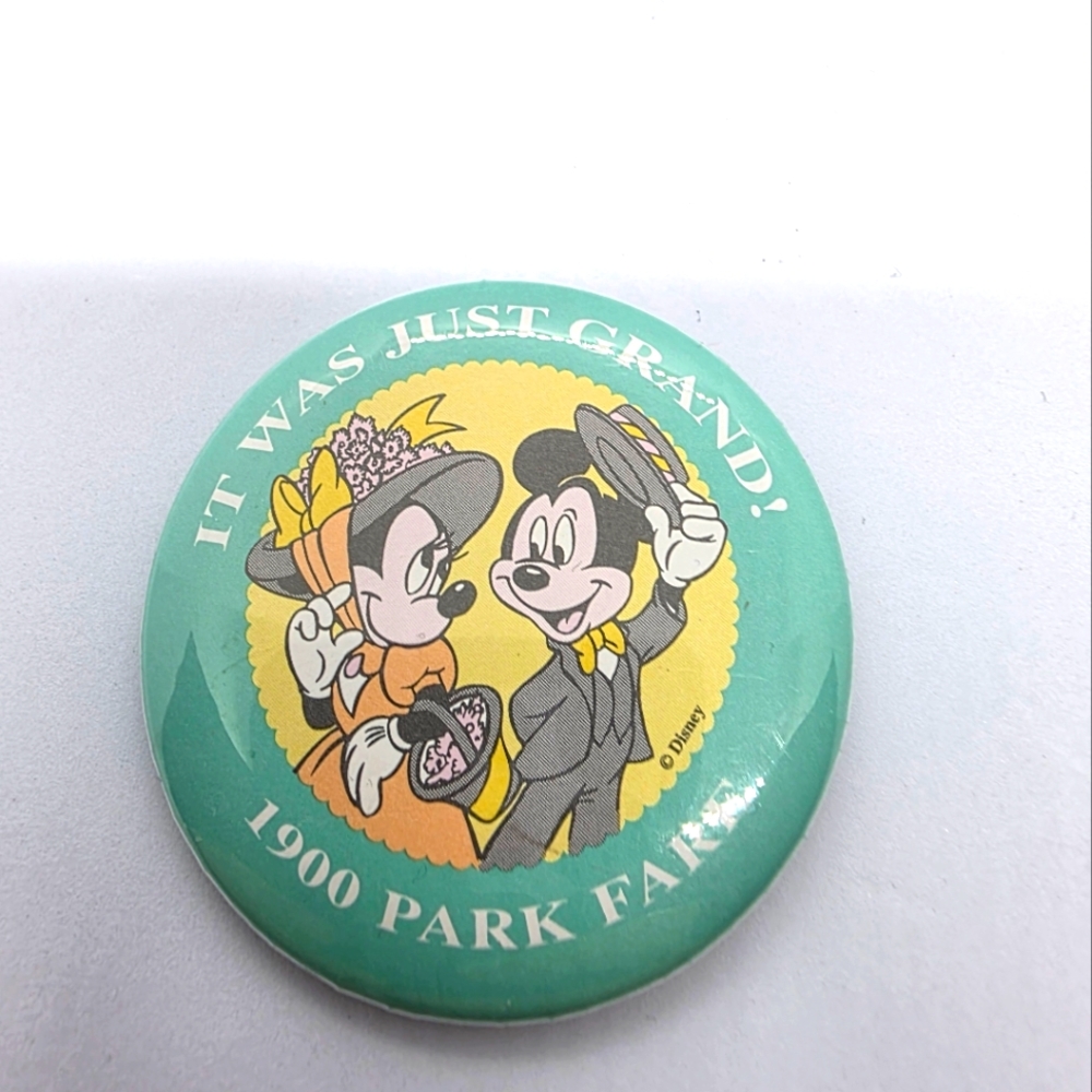 Disney It Was Just Grand 1900 Park Fare Mickey & Minnie Mouse Pin Button 2" Vtg